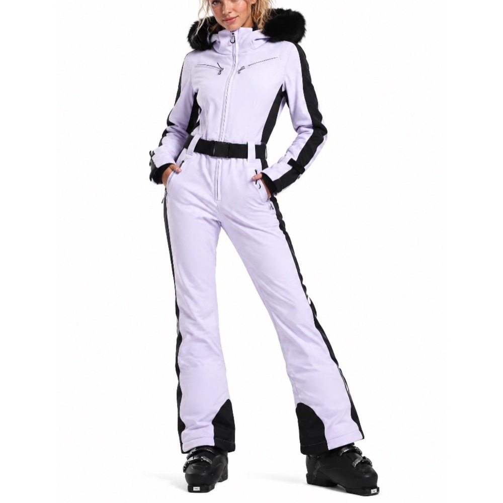 New GSOU SNOW SKI SUIT Lavender Light Purple SLIM FIT FAUX FUR TRIM Stretch SZ L